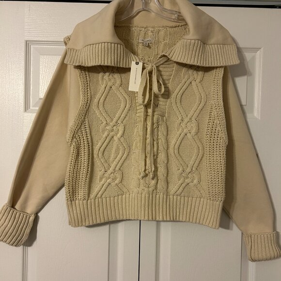 Anthropologie PILCRO Sz XS Beige Cable Knit Sweater Sweatshirt Collar Cuffs - Picture 2 of 11